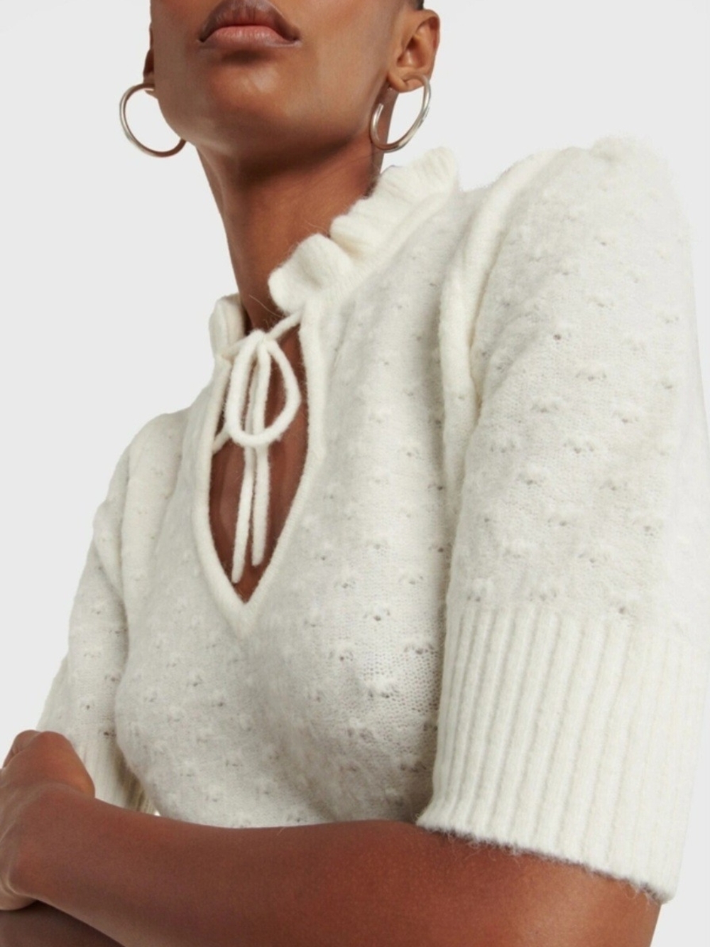 Ganni Pointelle Knit Short Sleeve Alpaca Wool Blend Top Ecru/Egret Tie Front S